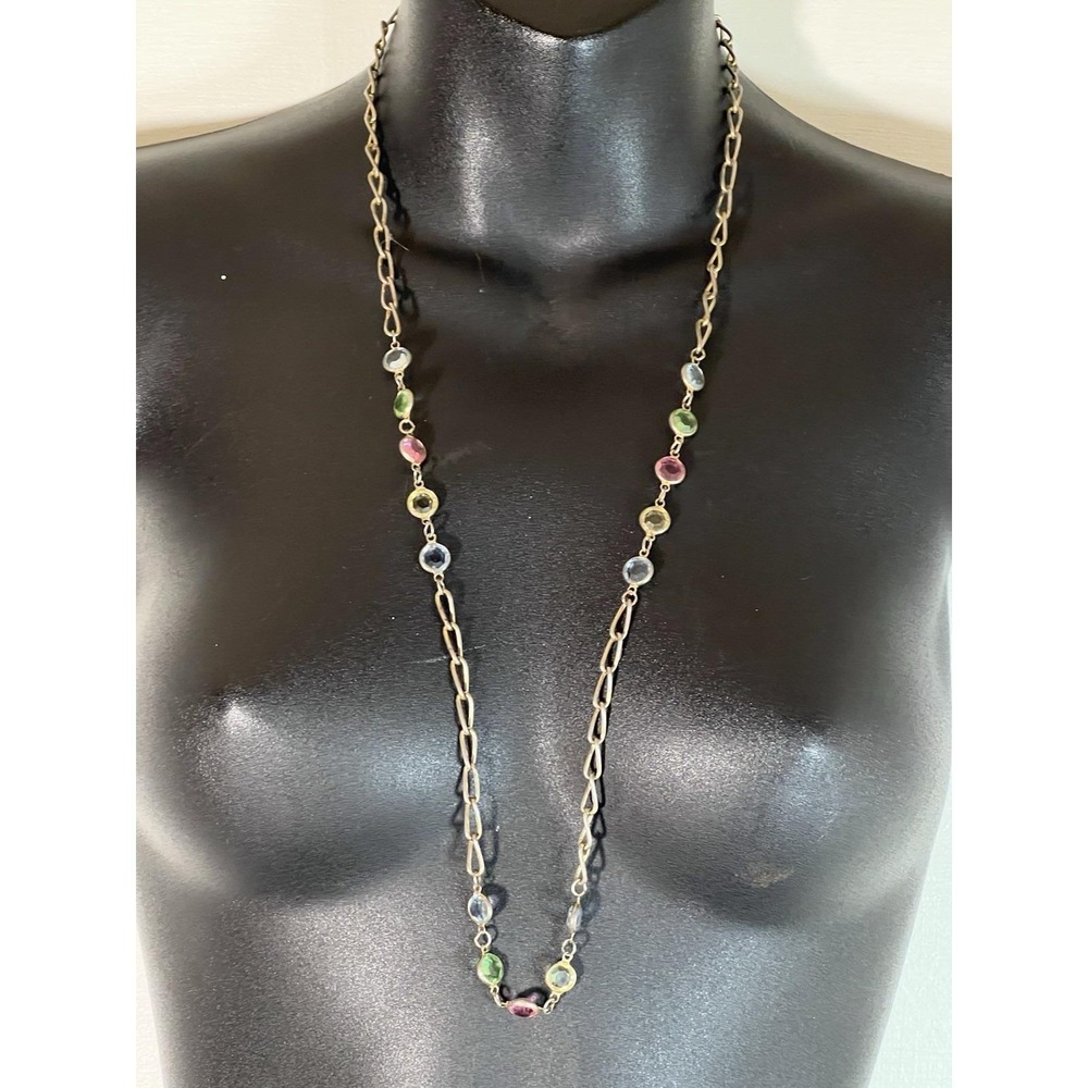 Vtg Costume Necklace- Bezel Glass Pastel Uranium Glow Regal Flapper Rainbow 50s